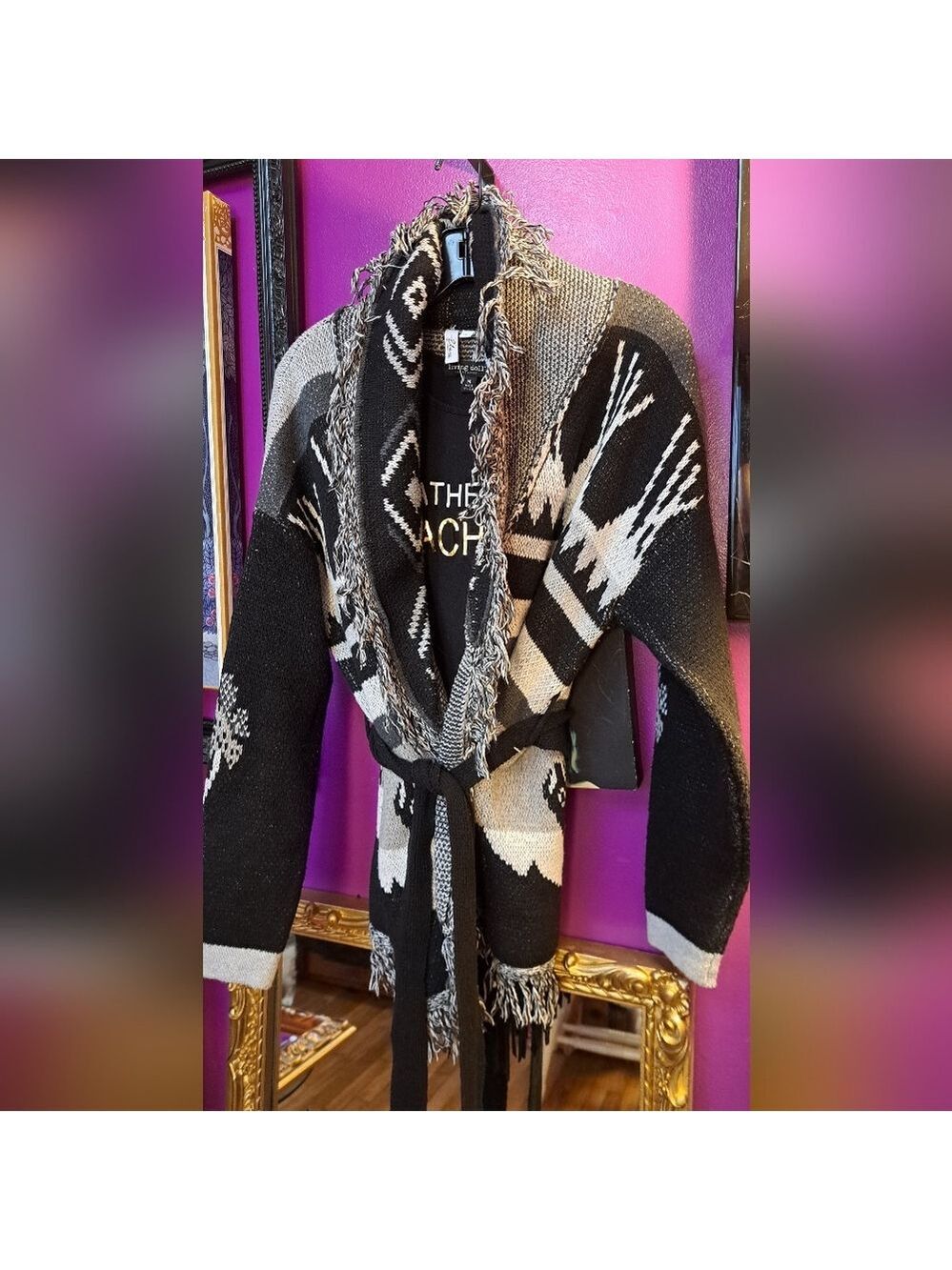 Elan Fringe Long Belted Sweater. Black And White. Southwestern. New - Picture 3 of 6